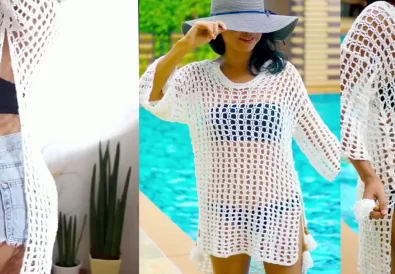 Model wearing a finished white crochet beach cover up with open sides and tassel ties. Shows the lightweight drape and stylish look of the design.