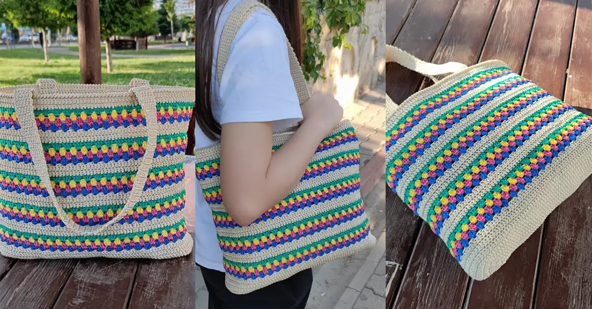 A stylish woman carries a crochet macrame tote bag on her shoulder, showcasing its versatility for everyday use.
