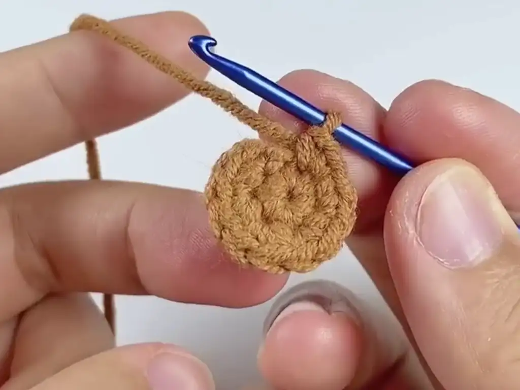 Beginning the crochet sunflower centerpiece with a magic ring