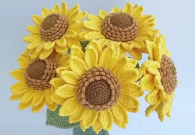 Finished crochet sunflower project showcasing detailed petals and center.