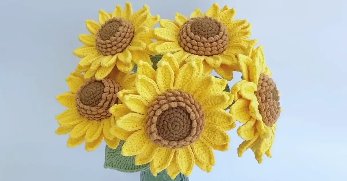 Finished crochet sunflower project showcasing detailed petals and center.