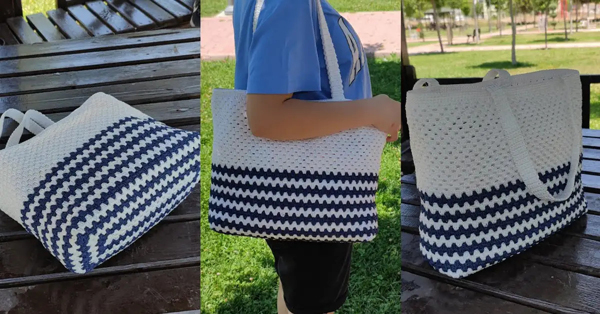 A finished DIY macrame beach tote bag, showcasing the stylish boho design and spacious size.