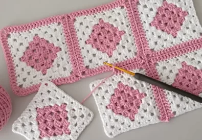 Completed granny square crochet vibrant colors