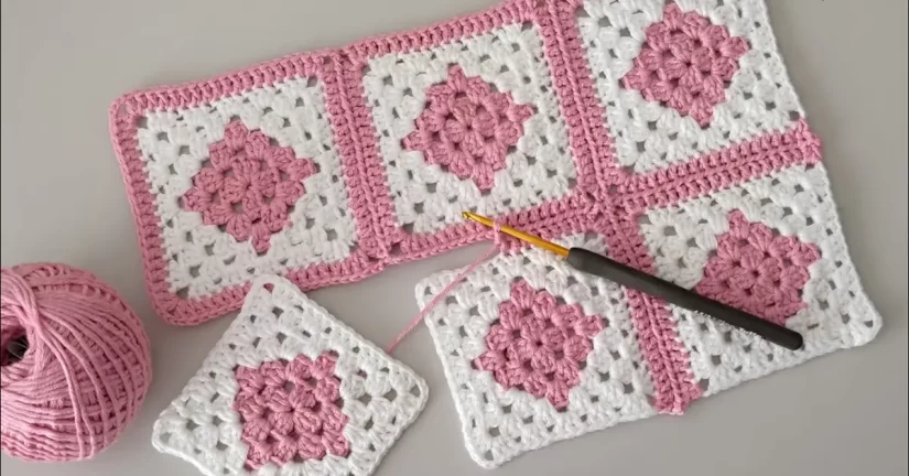 Completed granny square crochet vibrant colors