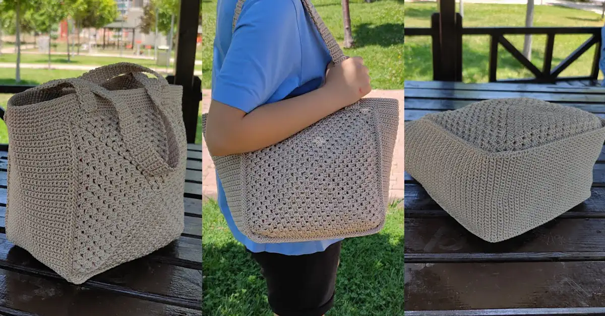 Close-up of a handmade crochet tote bag with macrame details in a beautiful mink color.
