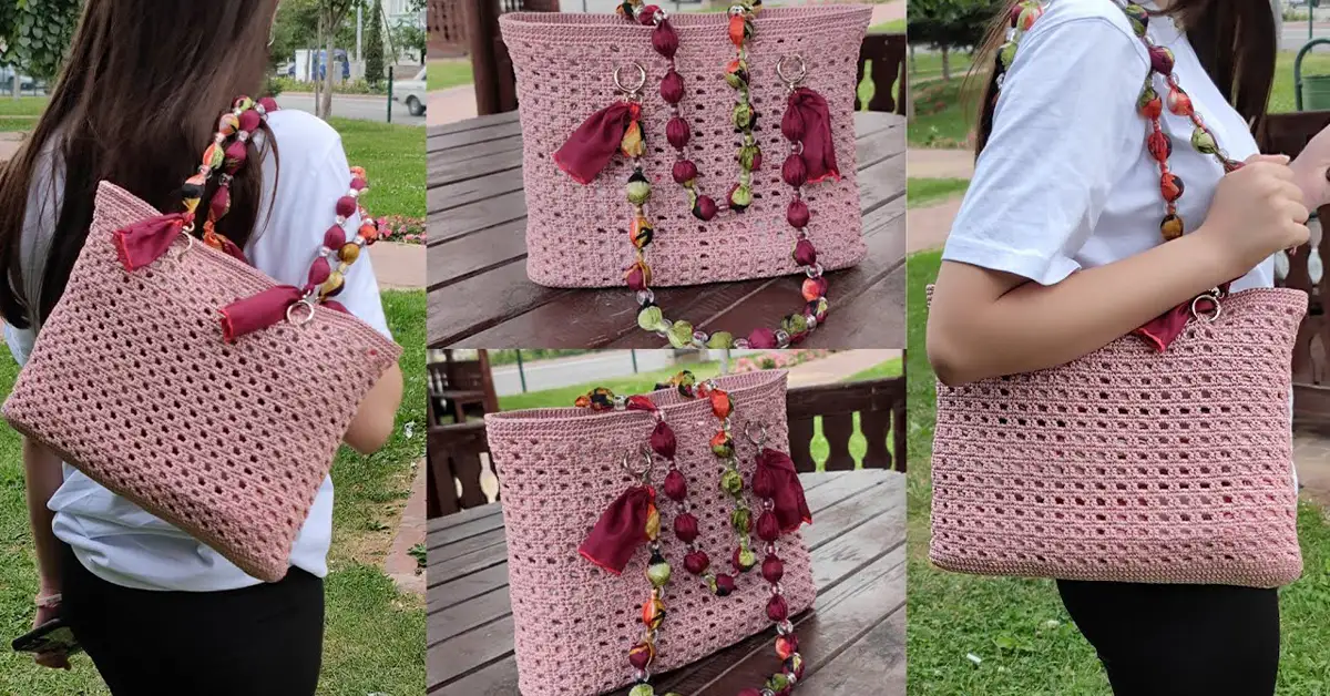 Stylish crochet macrame bag with wooden handles, perfect for the beach or market.