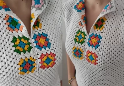 Finished modern crochet crop top pattern displayed on a mannequin.