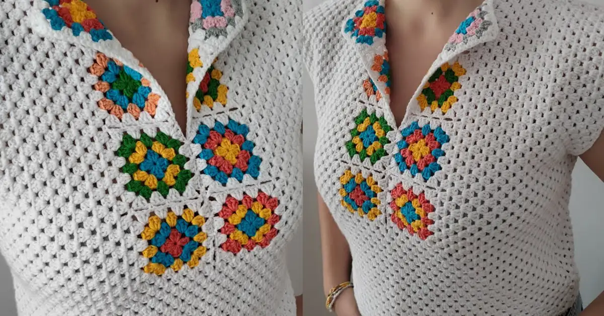 Finished modern crochet crop top pattern displayed on a mannequin.