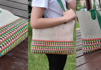 A woman stylishly carries her new crocheted macrame rope bag, perfect for everyday outings.