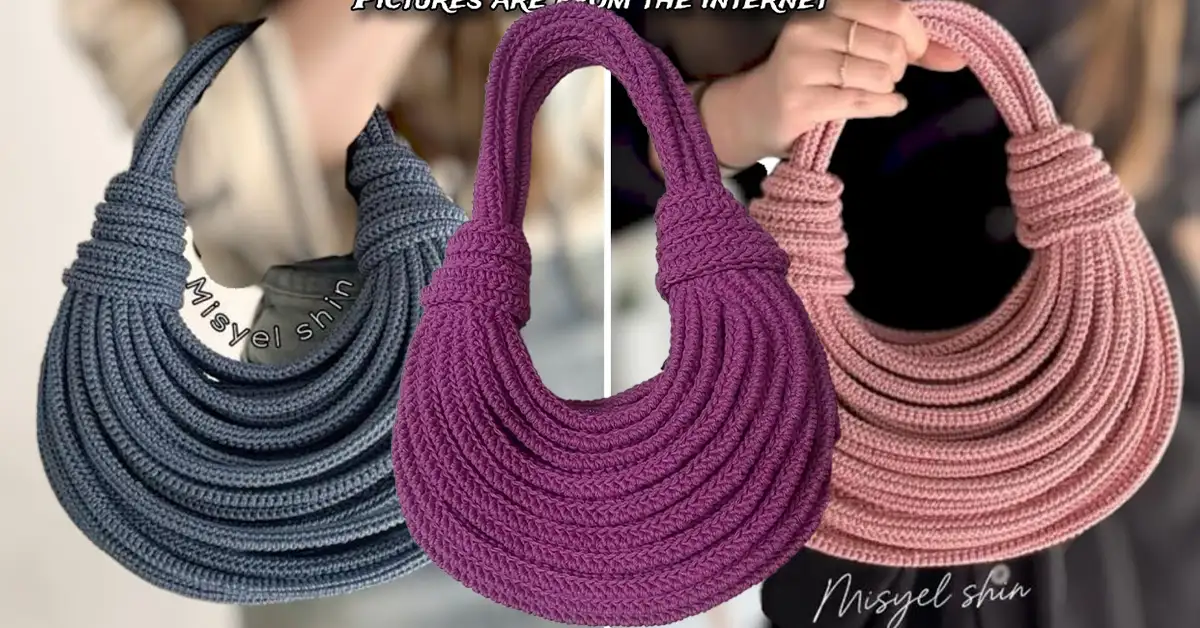 Three variations of the finished crochet spaghetti bag.