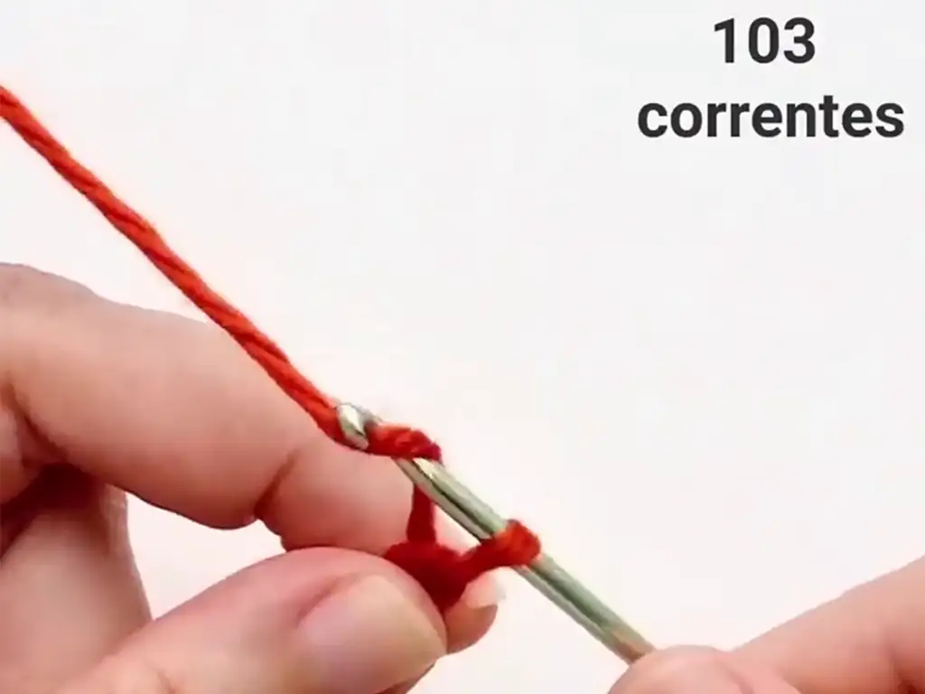 A crochet hook with a slip knot and the first few chain stitches.