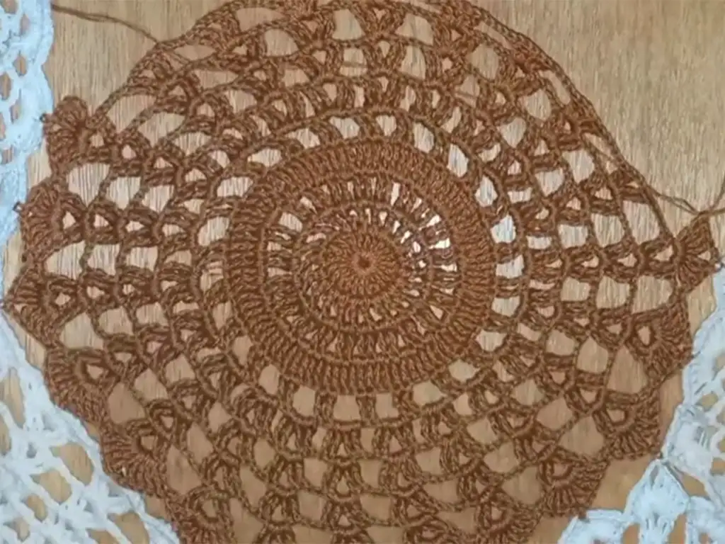 A collection of crocheted circle motifs in white and brown, laid out to visualize the assembly of a unique crochet dress.