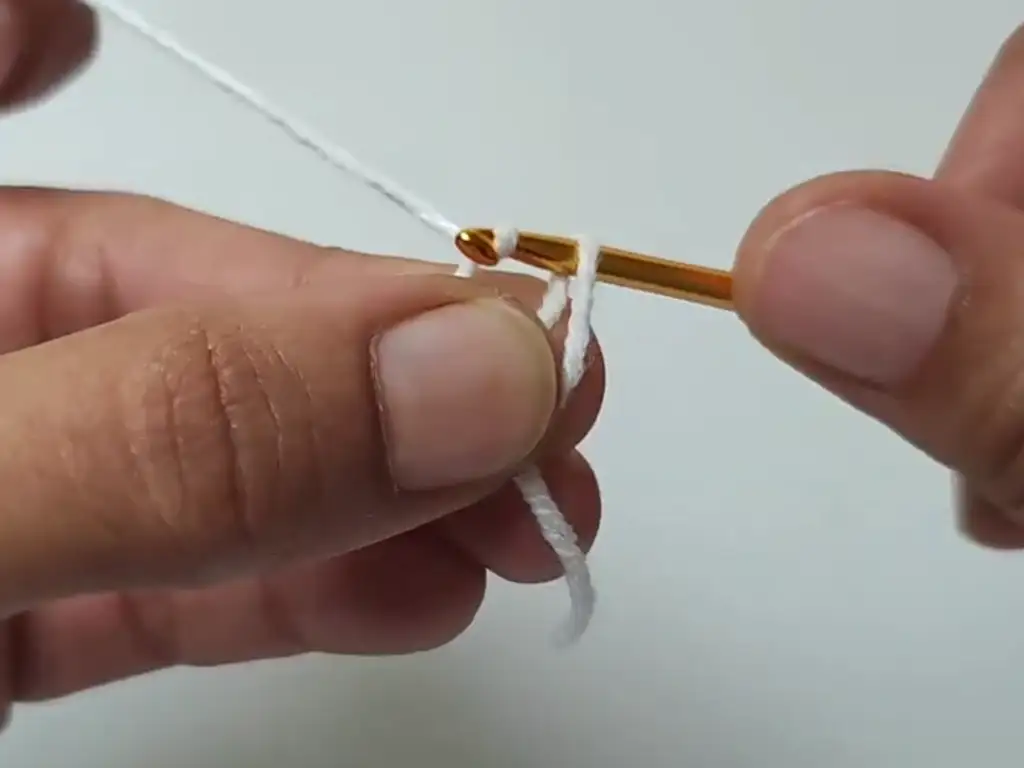 Starting a magic ring with white yarn.