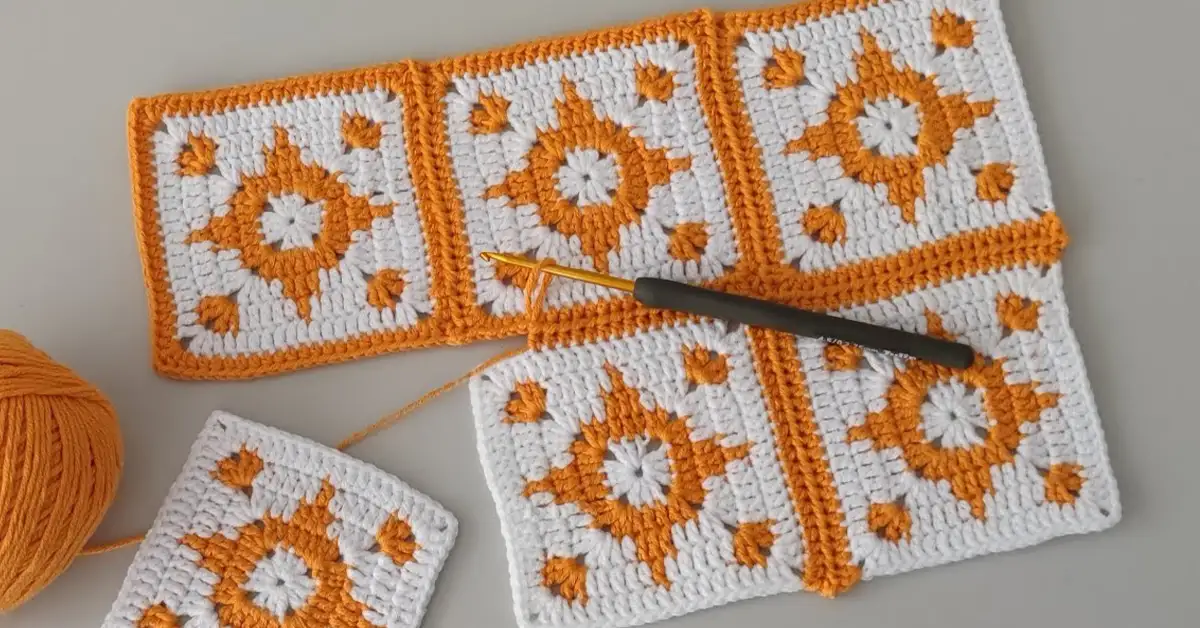 Multiple rows of crochet squares are seamlessly joined together, showcasing a growing project using the tutorial's technique.