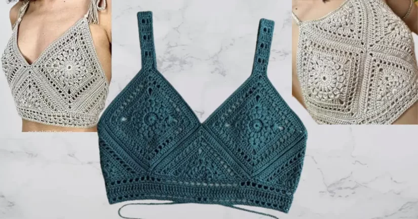 Three different crochet tops with varying colors and strap styles, showcasing design variations.