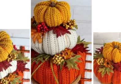 Finished crocheted pumpkin centerpiece with floral decorations, perfect for fall.