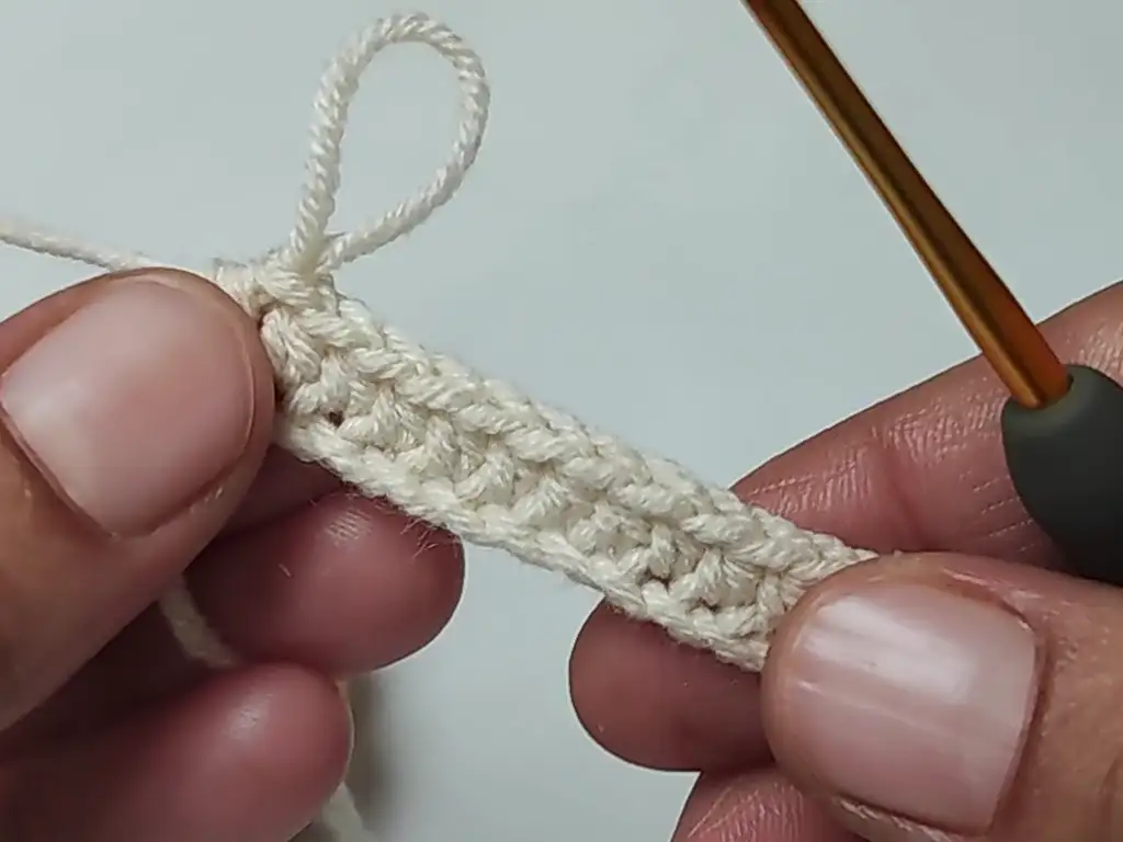 Hands crocheting the first row of half double crochet stitches.