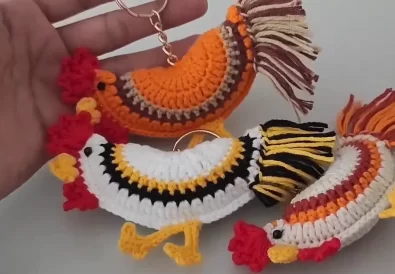Adorable handmade crochet rooster keychains in various colors. Perfect DIY gift idea!