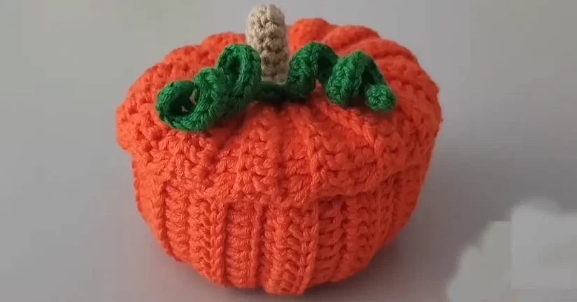 A finished orange crochet pumpkin basket with a lid, stem, and green leaves.