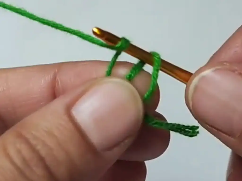 Creating a slip knot with green yarn, the starting point.