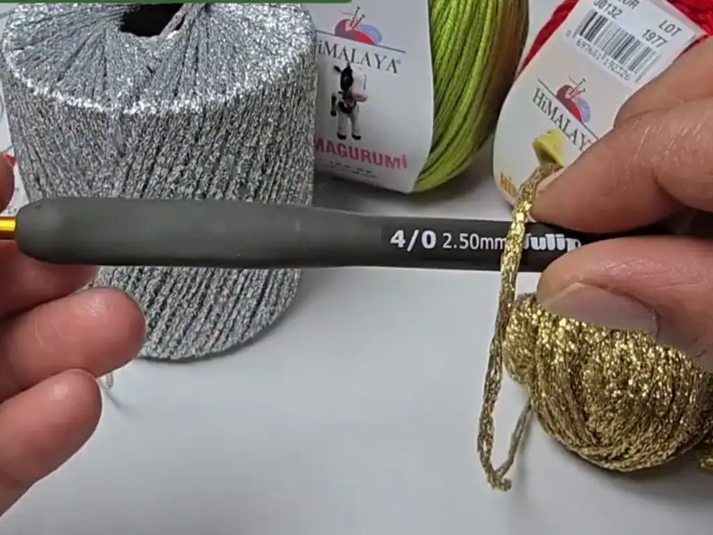 The materials needed for the crochet Christmas stocking: Himalaya yarn and a 2.5mm hook.