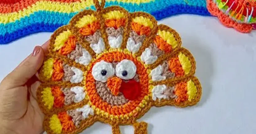 Adorable finished crochet turkey, perfect for Thanksgiving decor! Easy DIY project.