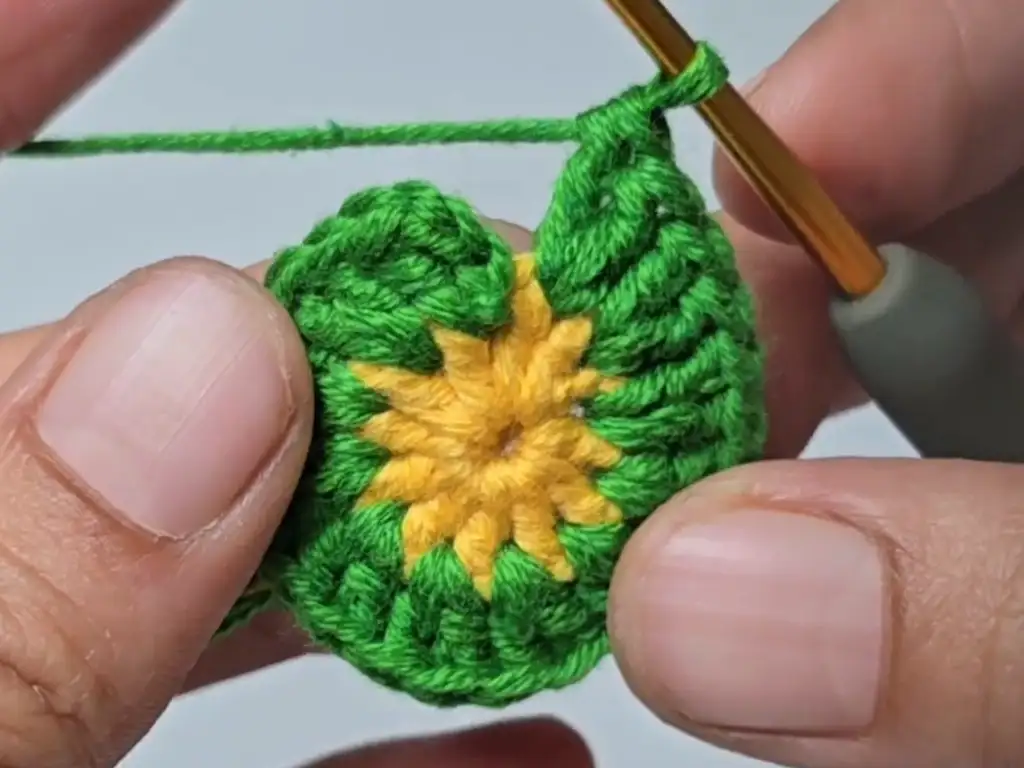 Close-up of crochet hook adding green yarn in the second round.