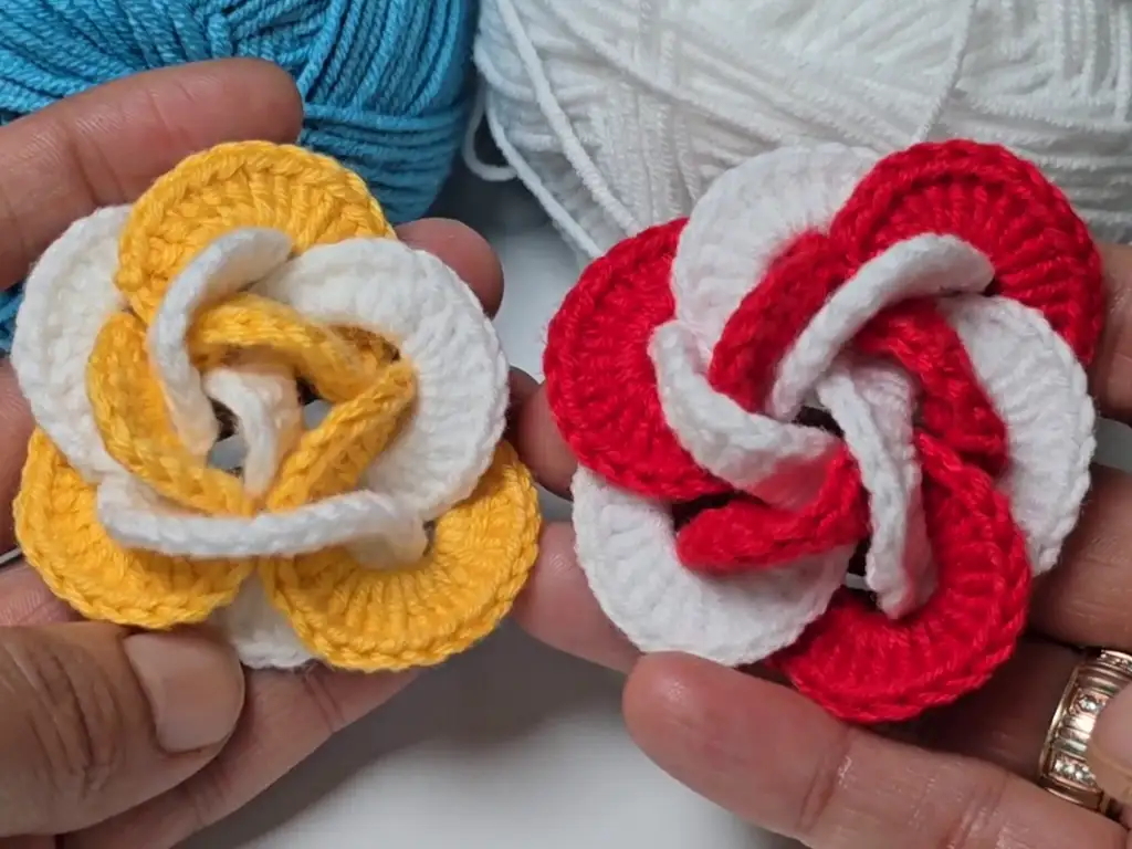 Two types of completed crochet roses. The detail displays the colors and yarn.