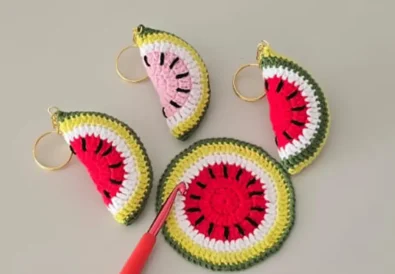 Cute fruit keychains - crochet watermelon gift ideas. Handmade and perfect for summer.