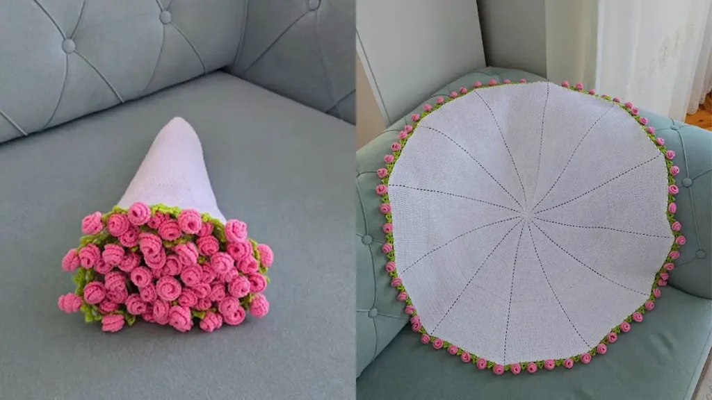 Crochet rose bouquet blanket shown rolled as a bouquet and opened as a full round blanket