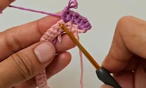 Crocheting V-stitches with second color in the wind spinner pattern.