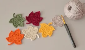 Crochet maple leaf pattern in autumn colors with yarn and hook.