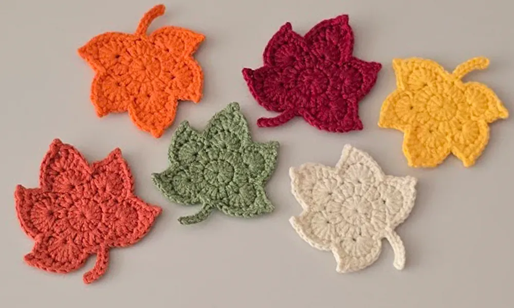 Easy crochet maple leaf tutorial with colorful leaves.