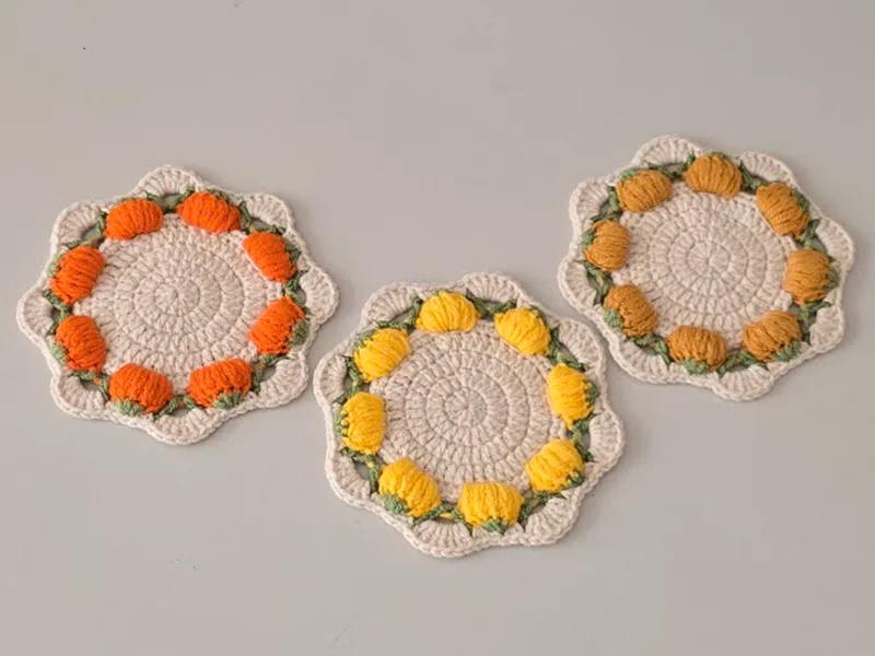 Crochet pumpkin coaster base – early rounds in cream color