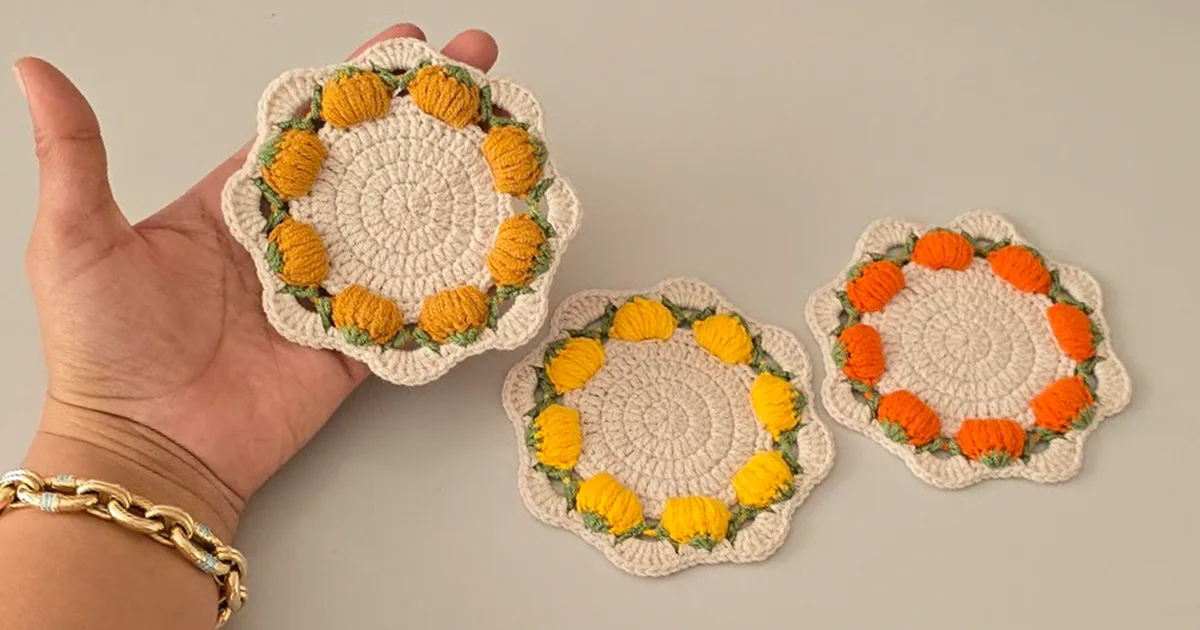 Fall Pumpkin Coaster Crochet – Handmade orange and yellow crochet coaster set