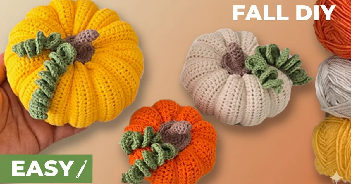 Crochet 3 pumpkins in one tutorial – yellow, cream, and orange pumpkins with curly leaves