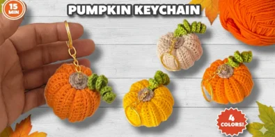 Easy crochet pumpkin keychain pattern in 3 fall colors - orange, yellow, beige and peach - beginner-friendly 15-minute DIY tutorial for autumn accessories and Halloween gifts