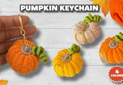 Easy crochet pumpkin keychain pattern in 3 fall colors - orange, yellow, beige and peach - beginner-friendly 15-minute DIY tutorial for autumn accessories and Halloween gifts