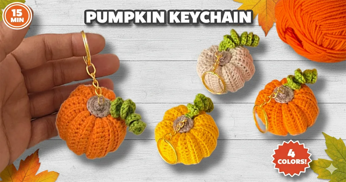 Easy crochet pumpkin keychain pattern in 3 fall colors - orange, yellow, beige and peach - beginner-friendly 15-minute DIY tutorial for autumn accessories and Halloween gifts