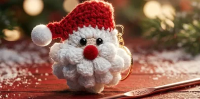 crochet Santa keychain close-up photo – 10-minute Christmas crochet gift
