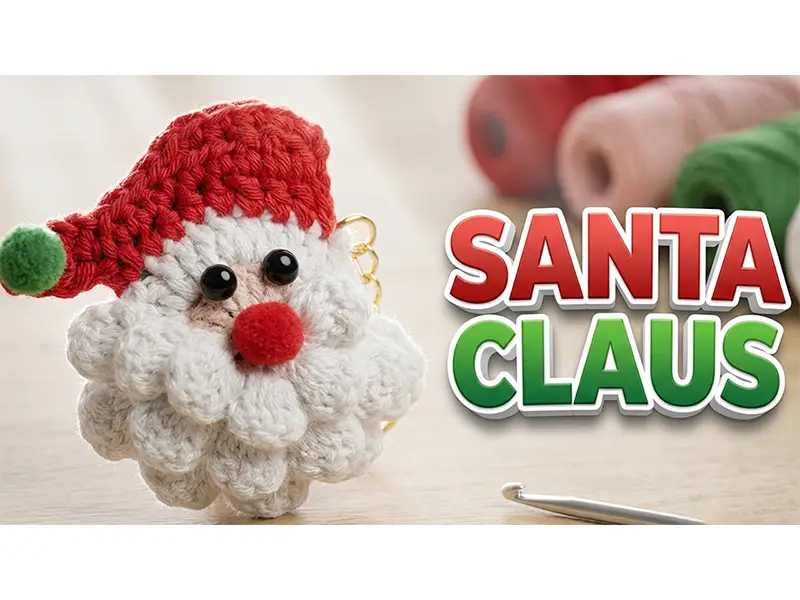 detailed crochet Santa keychain tutorial photo with red hat and white beard