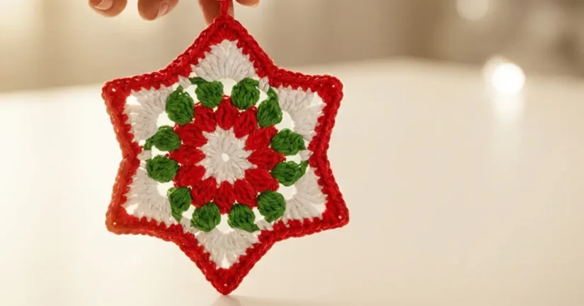 easy crochet star ornament pattern in red green white handmade christmas decoration