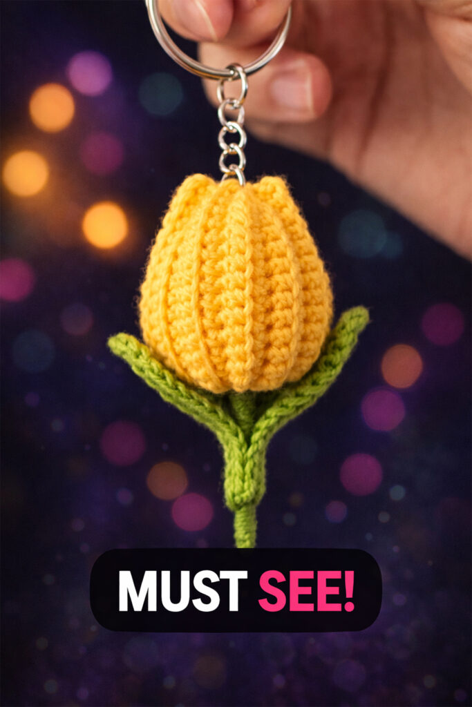 Easy crochet tulip keychain pattern with stem and leaves