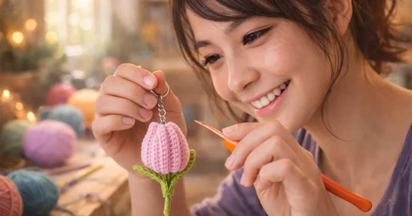 Easy crochet tulip keychain held in hand with crochet hook