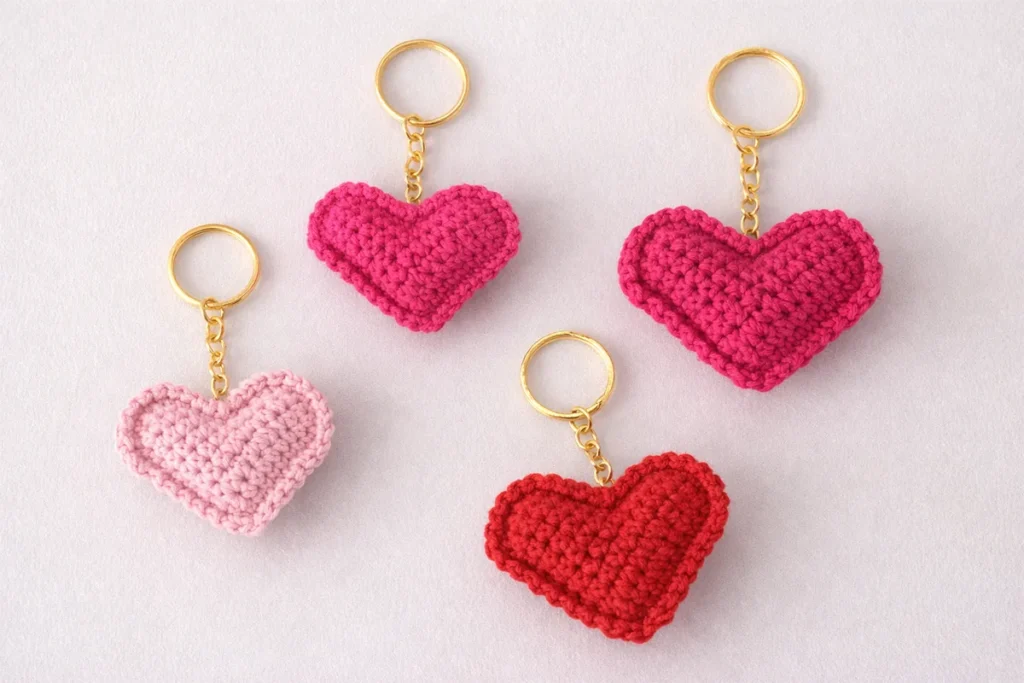 crochet heart keychain color variations in pink and red with gold rings