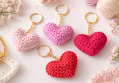 Easy crochet heart keychain pattern in pink and red with gold keyring, handmade beginner-friendly gift idea