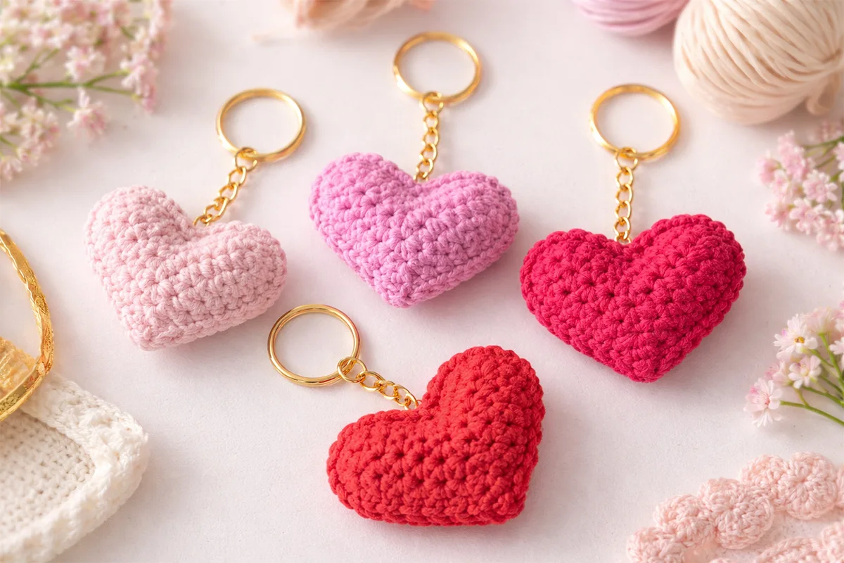Easy crochet heart keychain pattern in pink and red with gold keyring, handmade beginner-friendly gift idea