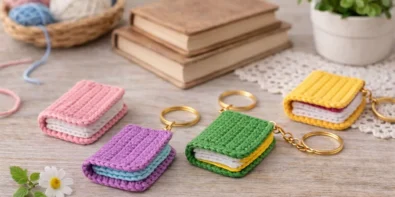 Colorful crochet book keychain set displayed on wooden table with mini handmade yarn book keychains in pink, purple, green and yellow