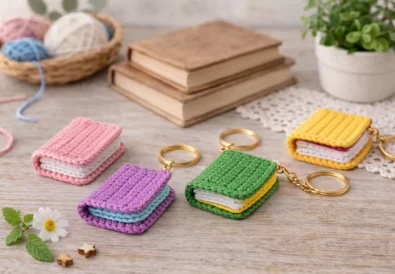 Colorful crochet book keychain set displayed on wooden table with mini handmade yarn book keychains in pink, purple, green and yellow
