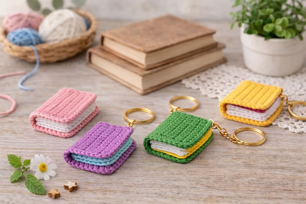 Colorful crochet book keychain set displayed on wooden table with mini handmade yarn book keychains in pink, purple, green and yellow